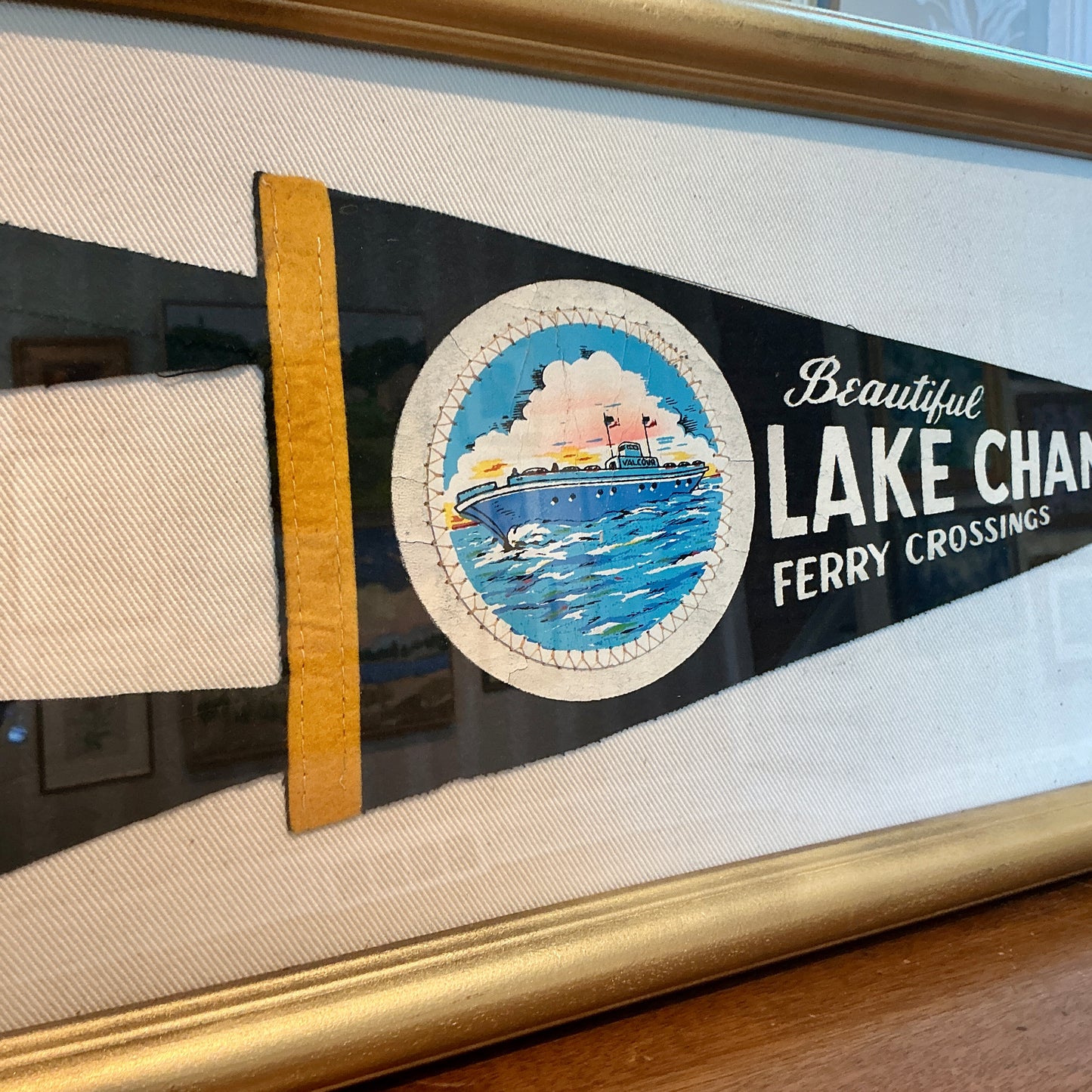 Vintage Lake Champlain Ferry Boat Felt Pennant on Ivory Duck Cloth in Gold Frame