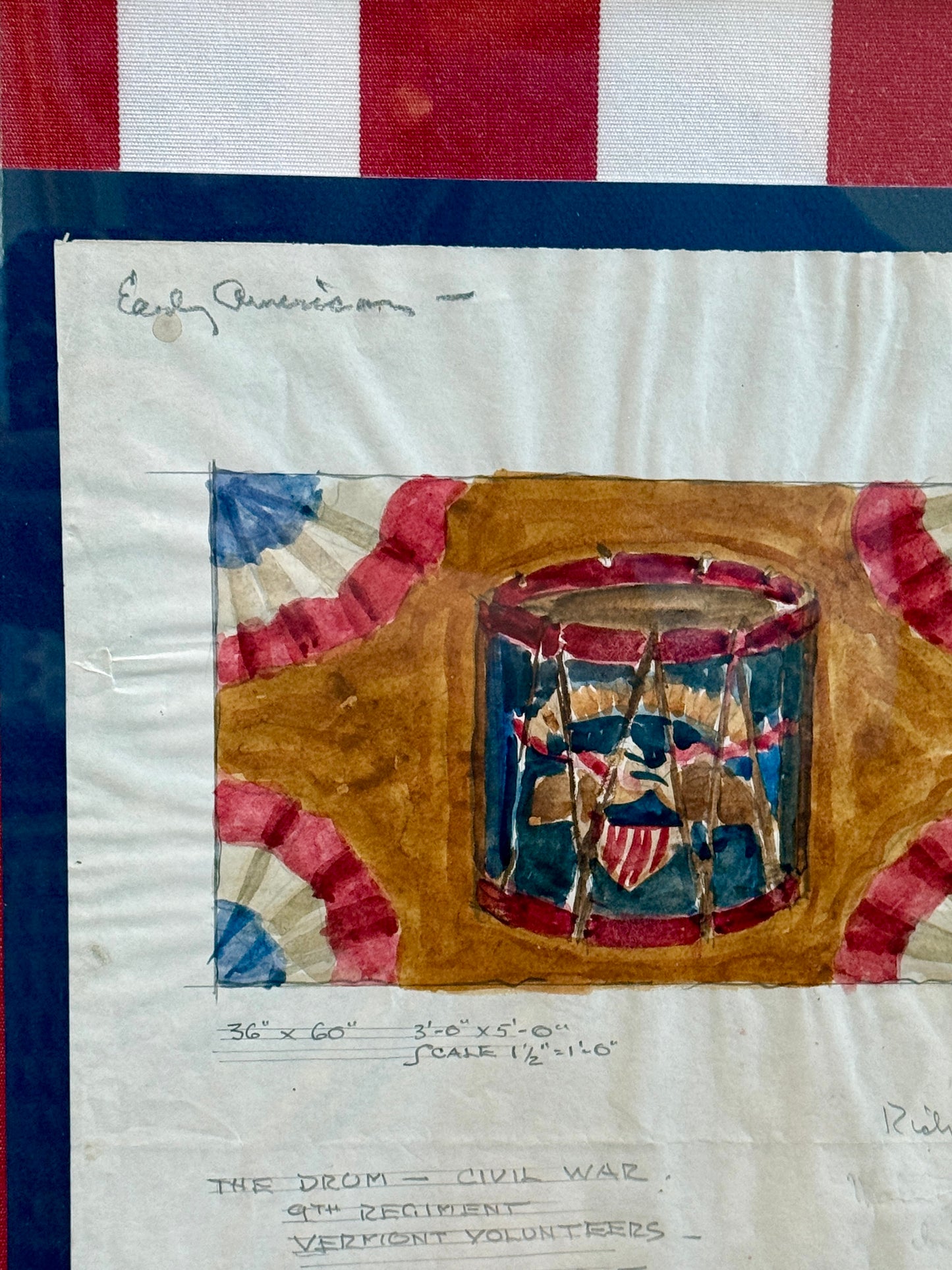George Wells American Eagle United States Civil War Drum and Bunting Watercolor Rug Study in Gold Frame