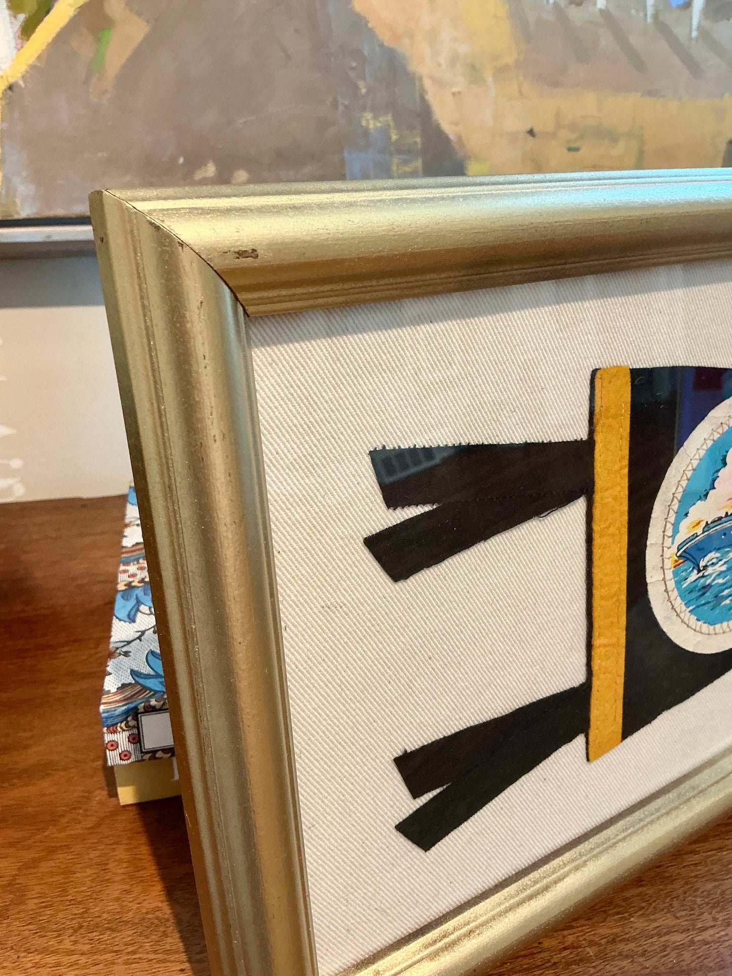 Vintage Lake Champlain Ferry Boat Felt Pennant on Ivory Duck Cloth in Gold Frame