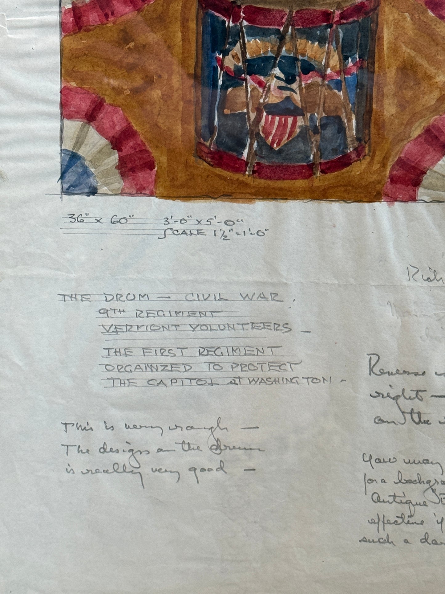 George Wells American Eagle United States Civil War Drum and Bunting Watercolor Rug Study in Gold Frame