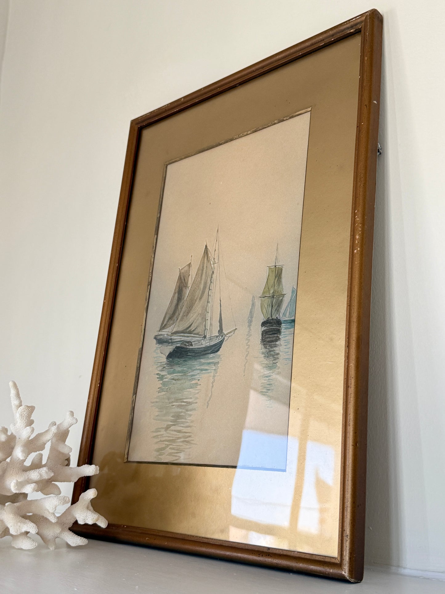 Early 20th Century Antique Sailboats in Seascape Watercolor Painting in Gilded Frame