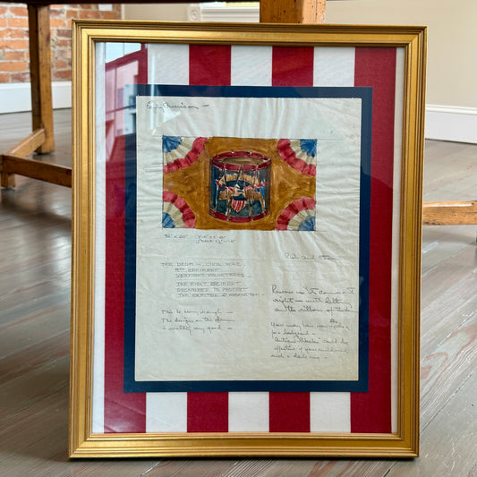 George Wells American Eagle United States Civil War Drum and Bunting Watercolor Rug Study in Gold Frame