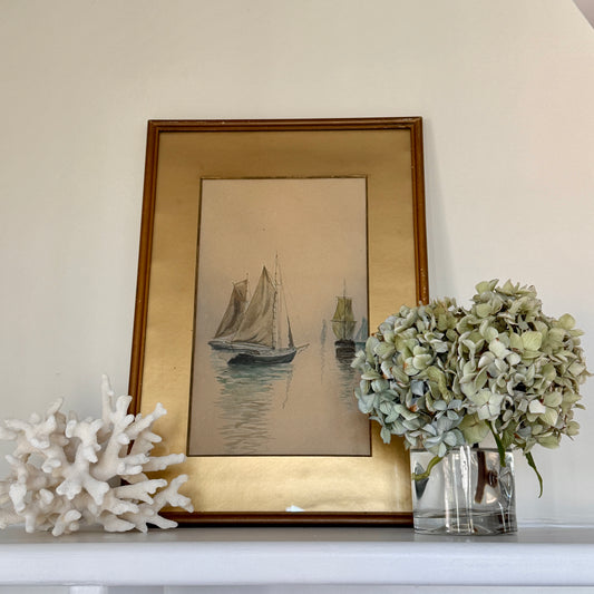 Early 20th Century Antique Sailboats in Seascape Watercolor Painting in Gilded Frame