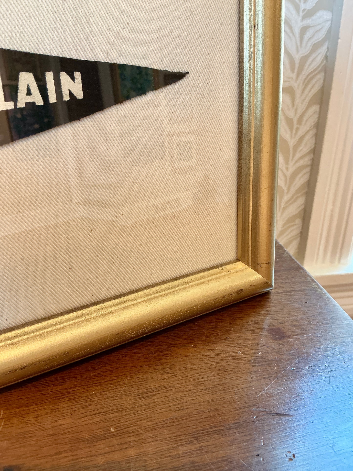 Vintage Lake Champlain Ferry Boat Felt Pennant on Ivory Duck Cloth in Gold Frame