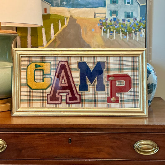 Vintage Varsity Letter CAMP Collage on Plaid in Gold Frame