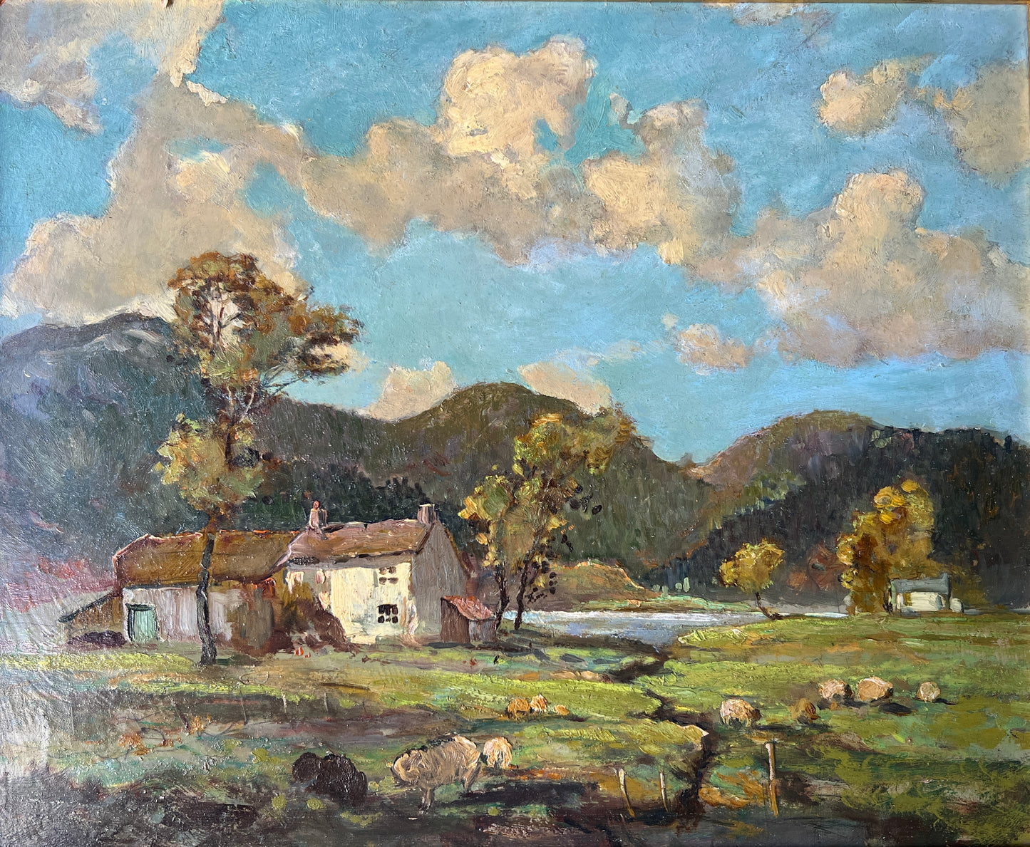 Jack Cross Oil Painting Afternoon on the Sheep Farm Landscape in Wood and Gilt Frame