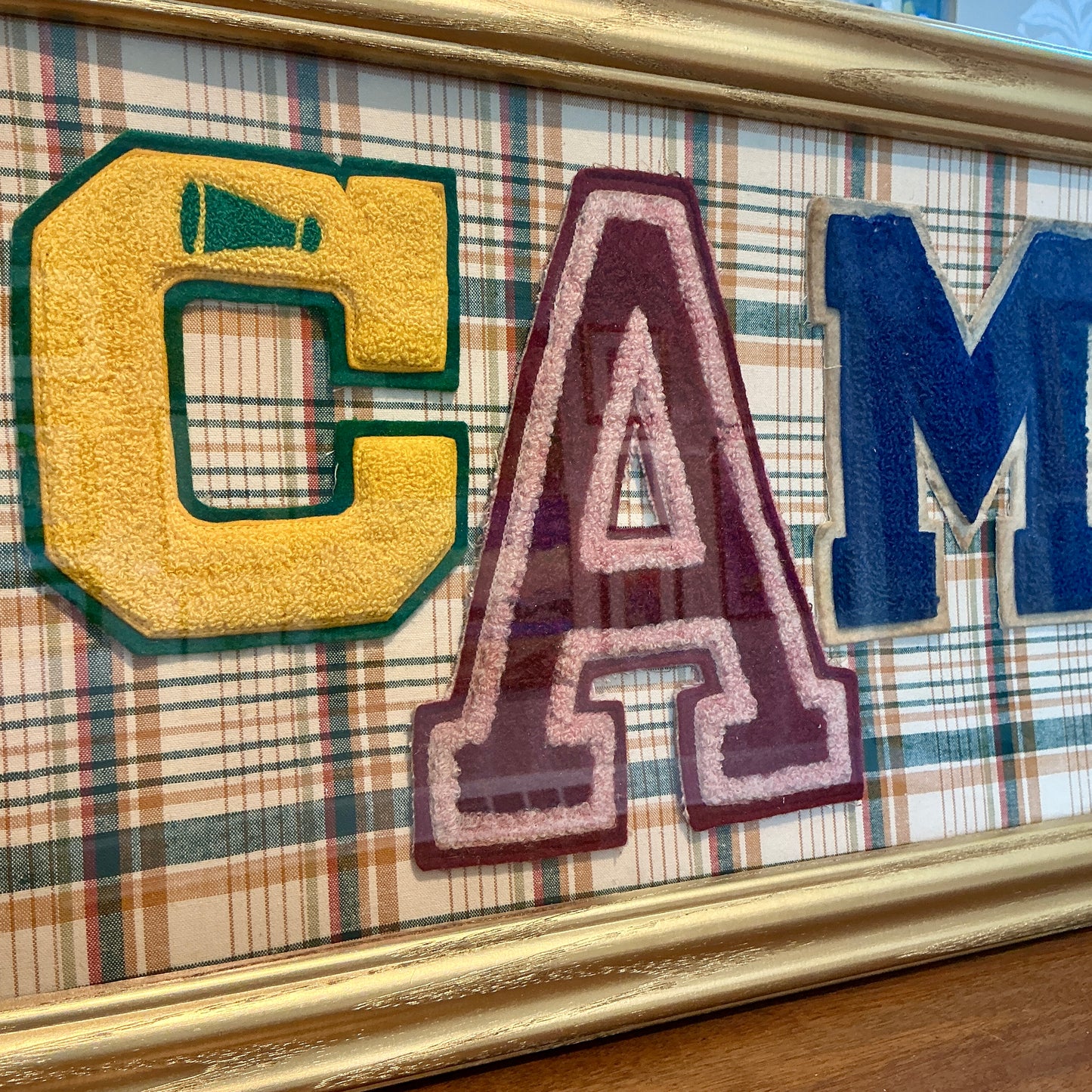 Vintage Varsity Letter CAMP Collage on Plaid in Gold Frame