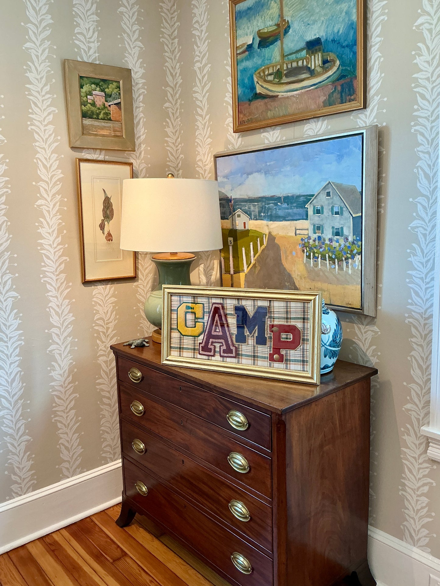 Vintage Varsity Letter CAMP Collage on Plaid in Gold Frame