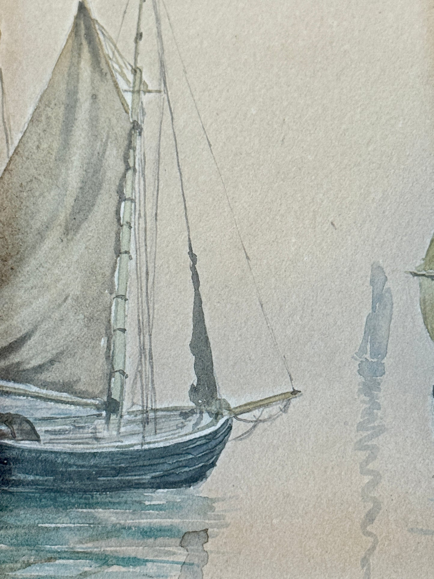 Early 20th Century Antique Sailboats in Seascape Watercolor Painting in Gilded Frame
