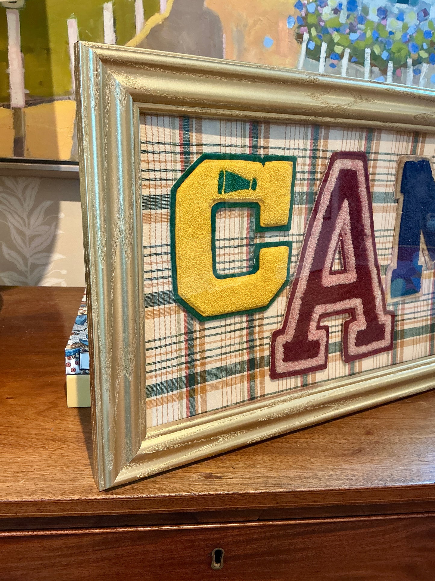 Vintage Varsity Letter CAMP Collage on Plaid in Gold Frame