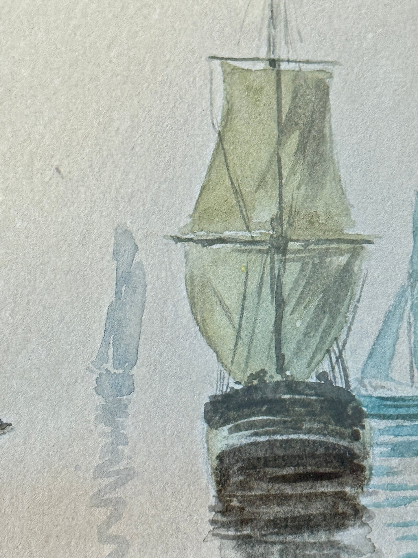 Early 20th Century Antique Sailboats in Seascape Watercolor Painting in Gilded Frame