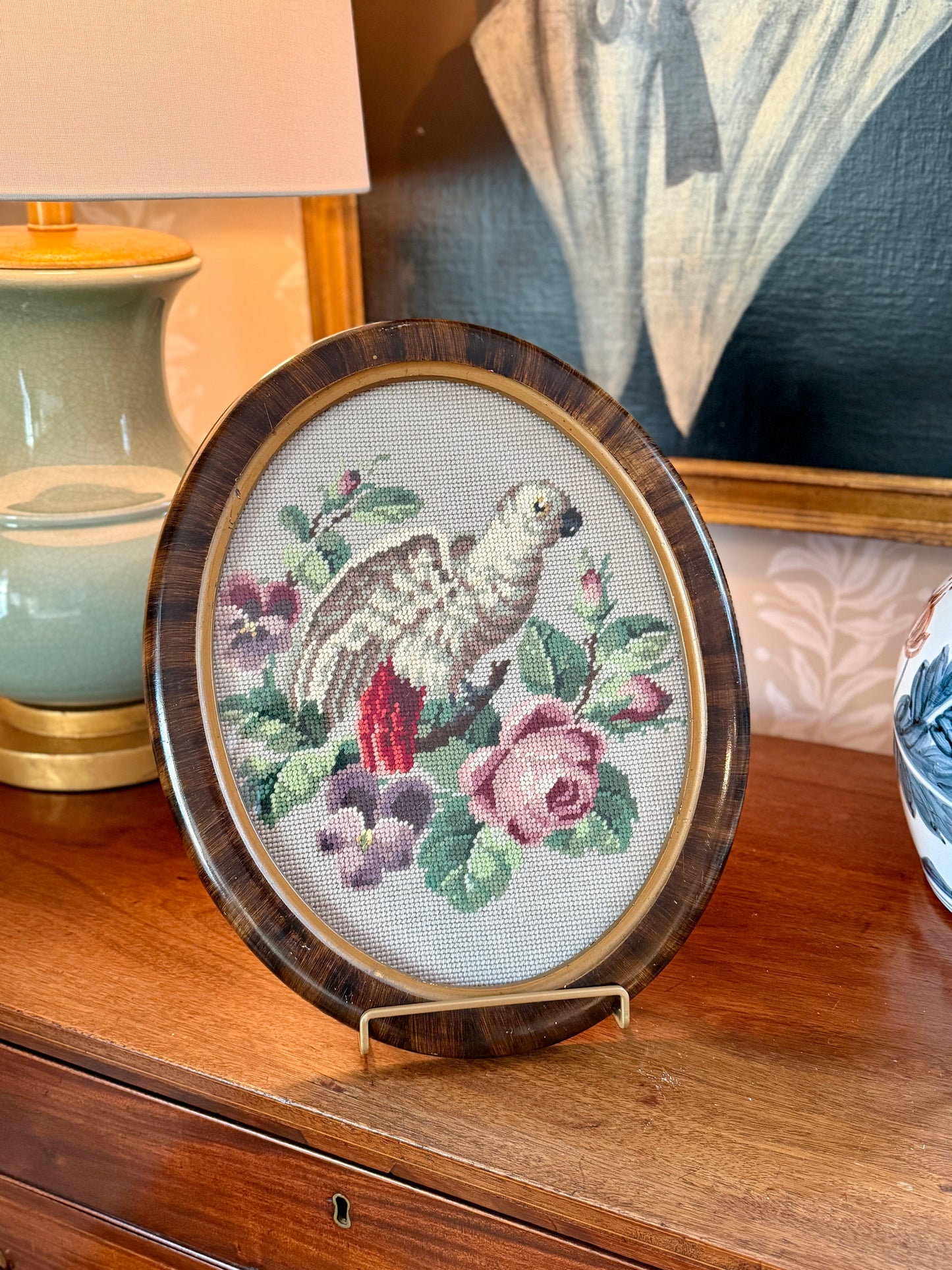 Antique Gray Parrot Floral Needlepoint in 19th Century Oval Frame