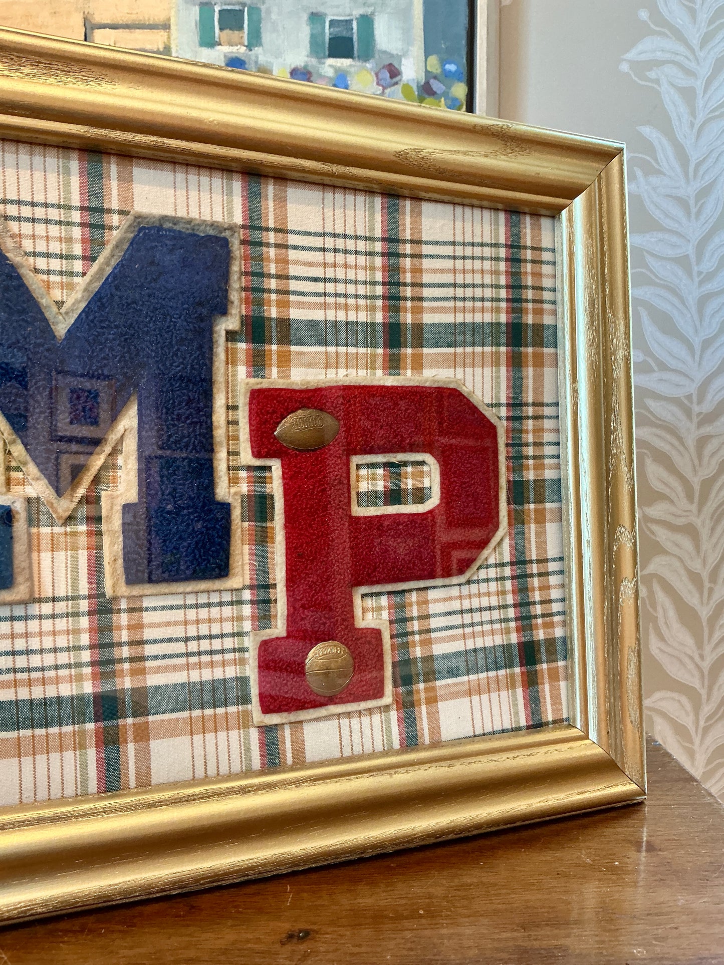 Vintage Varsity Letter CAMP Collage on Plaid in Gold Frame