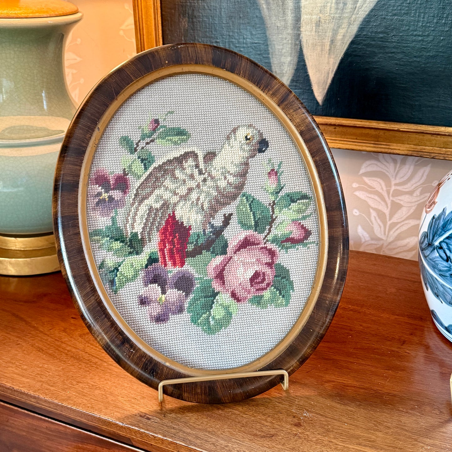 Antique Gray Parrot Floral Needlepoint in 19th Century Oval Frame