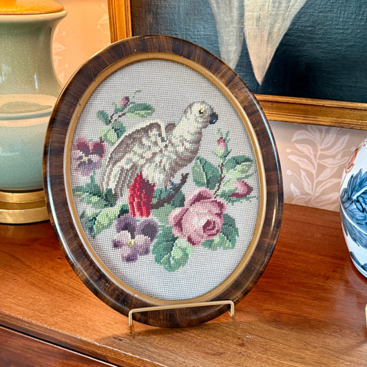 Antique Gray Parrot Floral Needlepoint in 19th Century Oval Frame