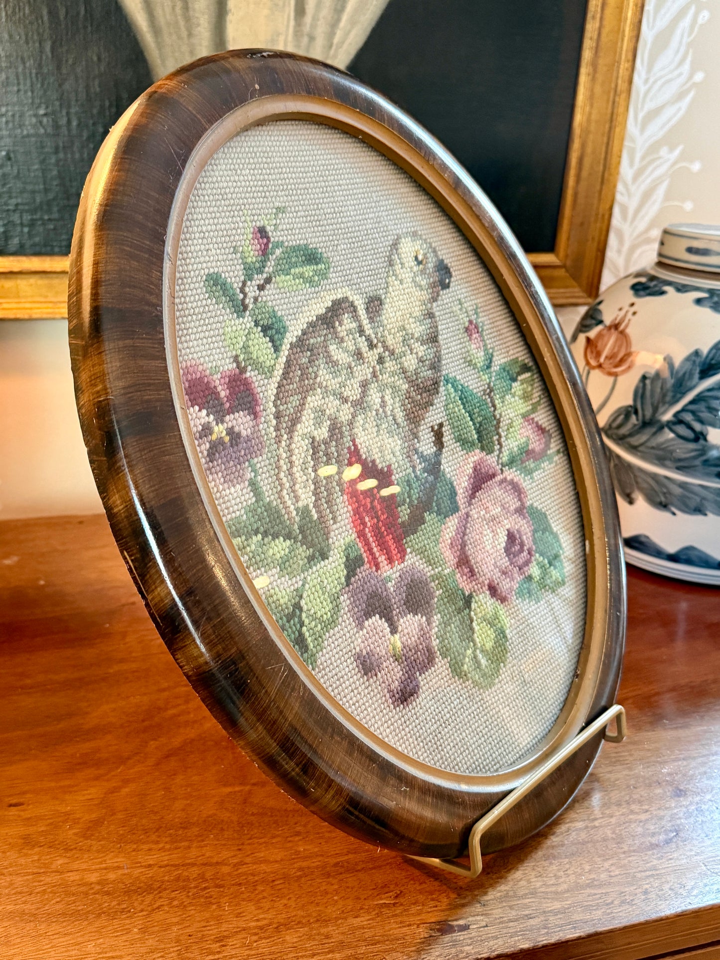 Antique Gray Parrot Floral Needlepoint in 19th Century Oval Frame