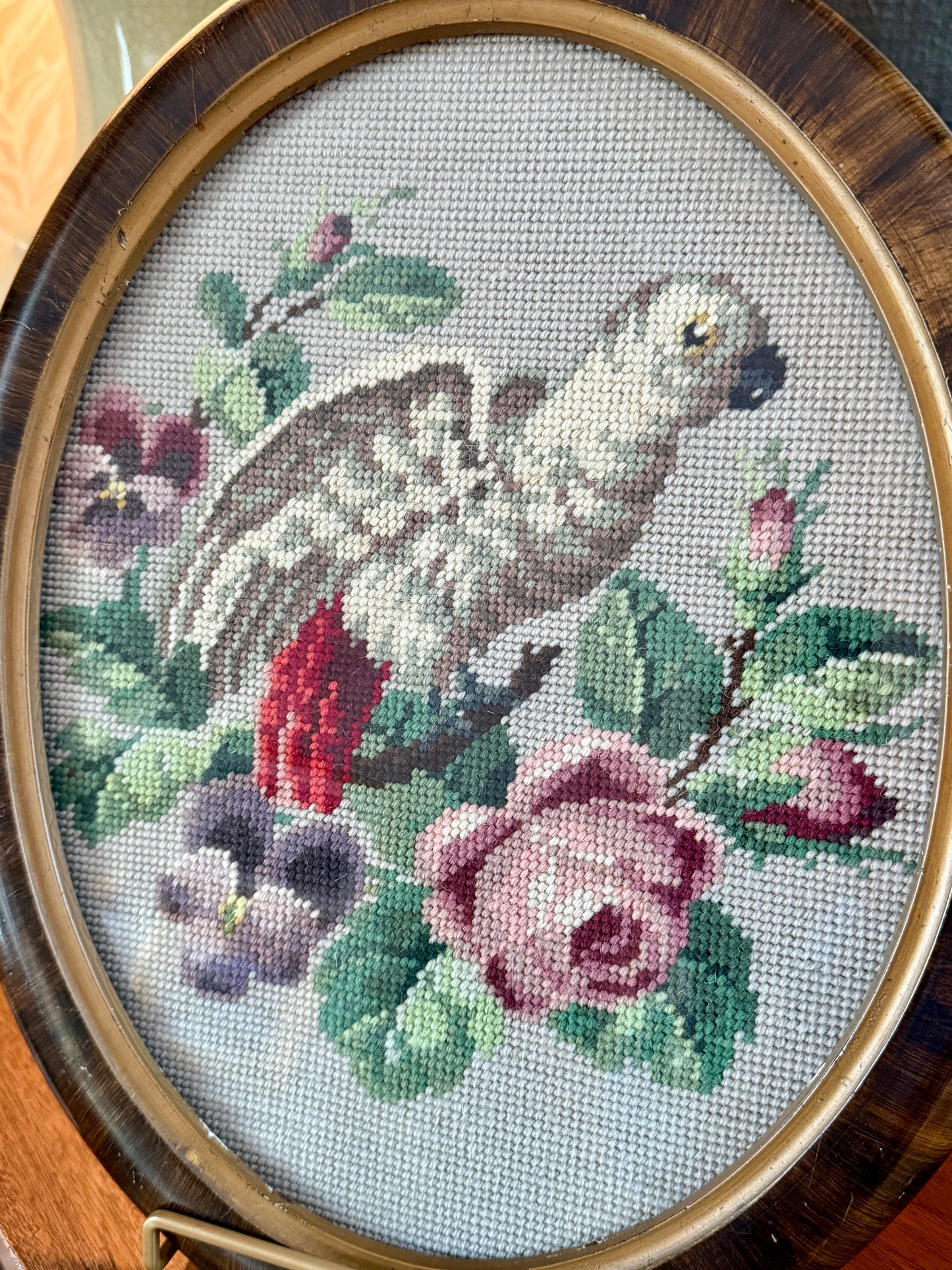 Antique Gray Parrot Floral Needlepoint in 19th Century Oval Frame