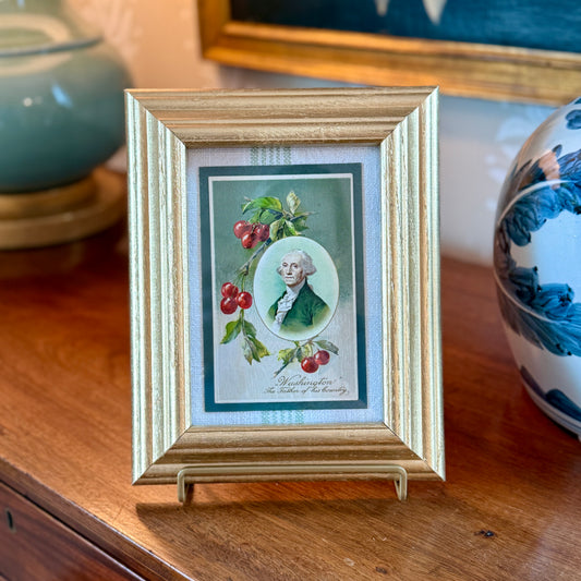 c. 1908 George Washington Cherries Antique Postcard on Sage Green Stripes in Gold Frame