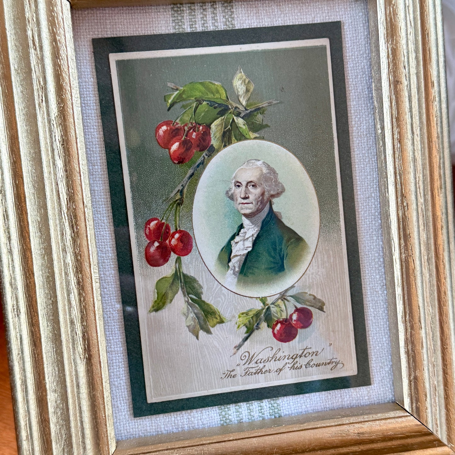 c. 1908 George Washington Cherries Antique Postcard on Sage Green Stripes in Gold Frame