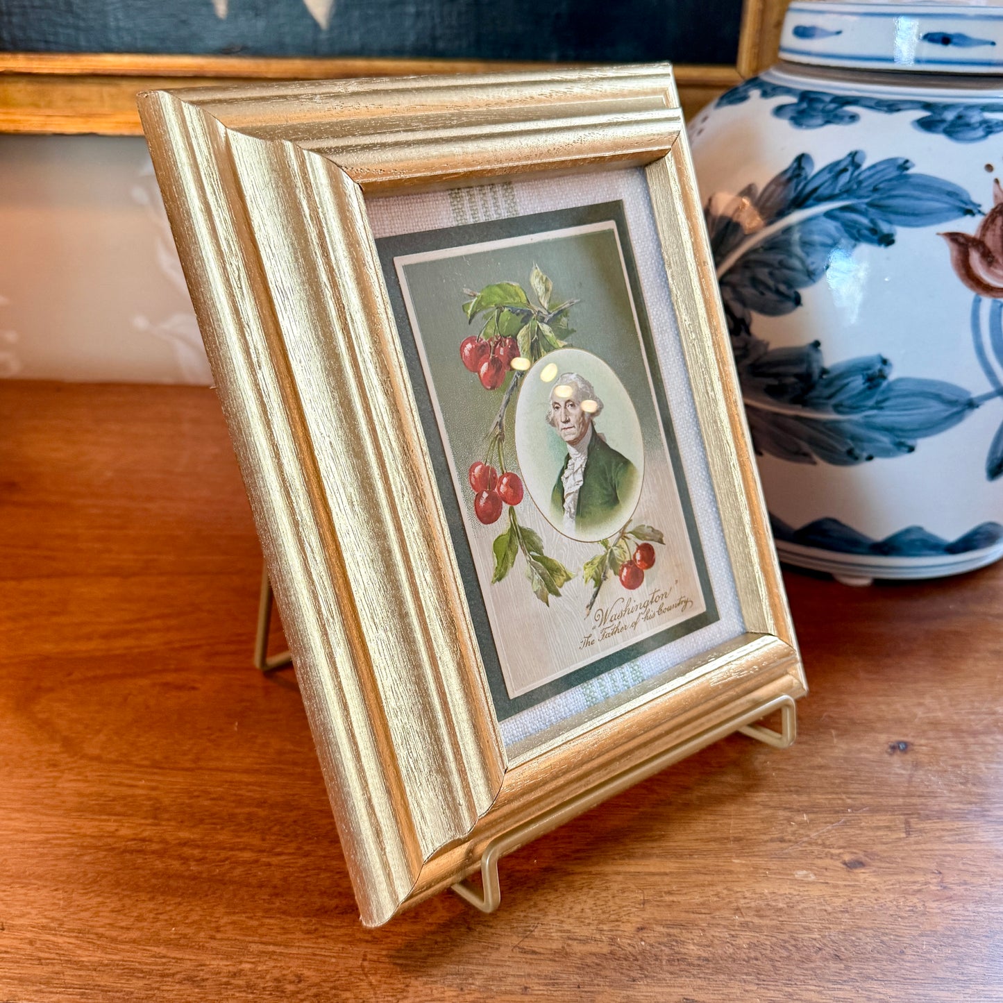 c. 1908 George Washington Cherries Antique Postcard on Sage Green Stripes in Gold Frame