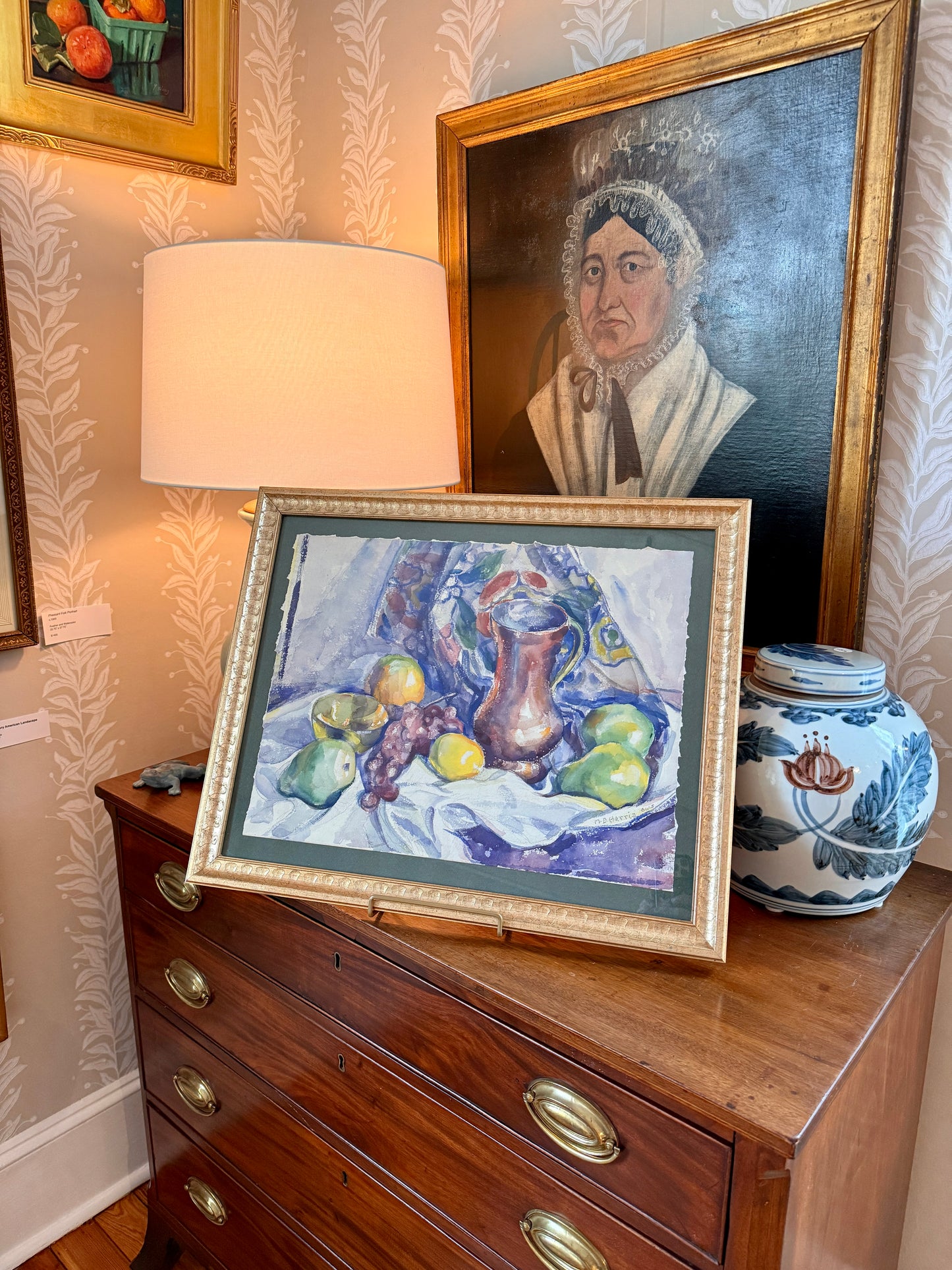 Marian D. Harris 1951 Watercolor Lemons Pears and Grapes Still Life Painting in Gold Frame