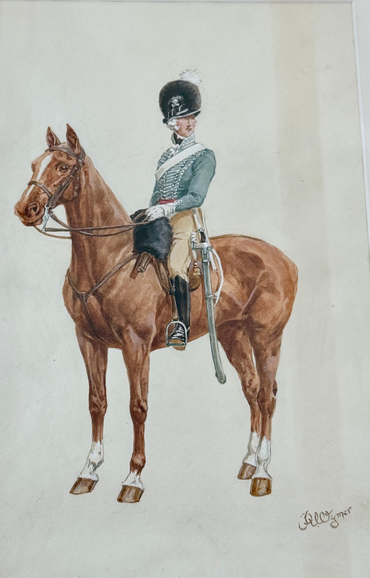 Reginald Augustus Wymer Antique Portrait of a Soldier in Blue on Horseback Watercolor Painting