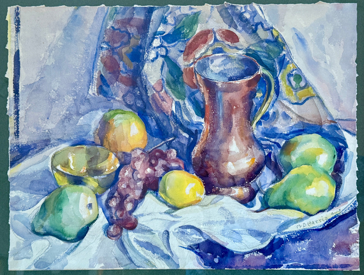 Marian D. Harris 1951 Watercolor Lemons Pears and Grapes Still Life Painting in Gold Frame