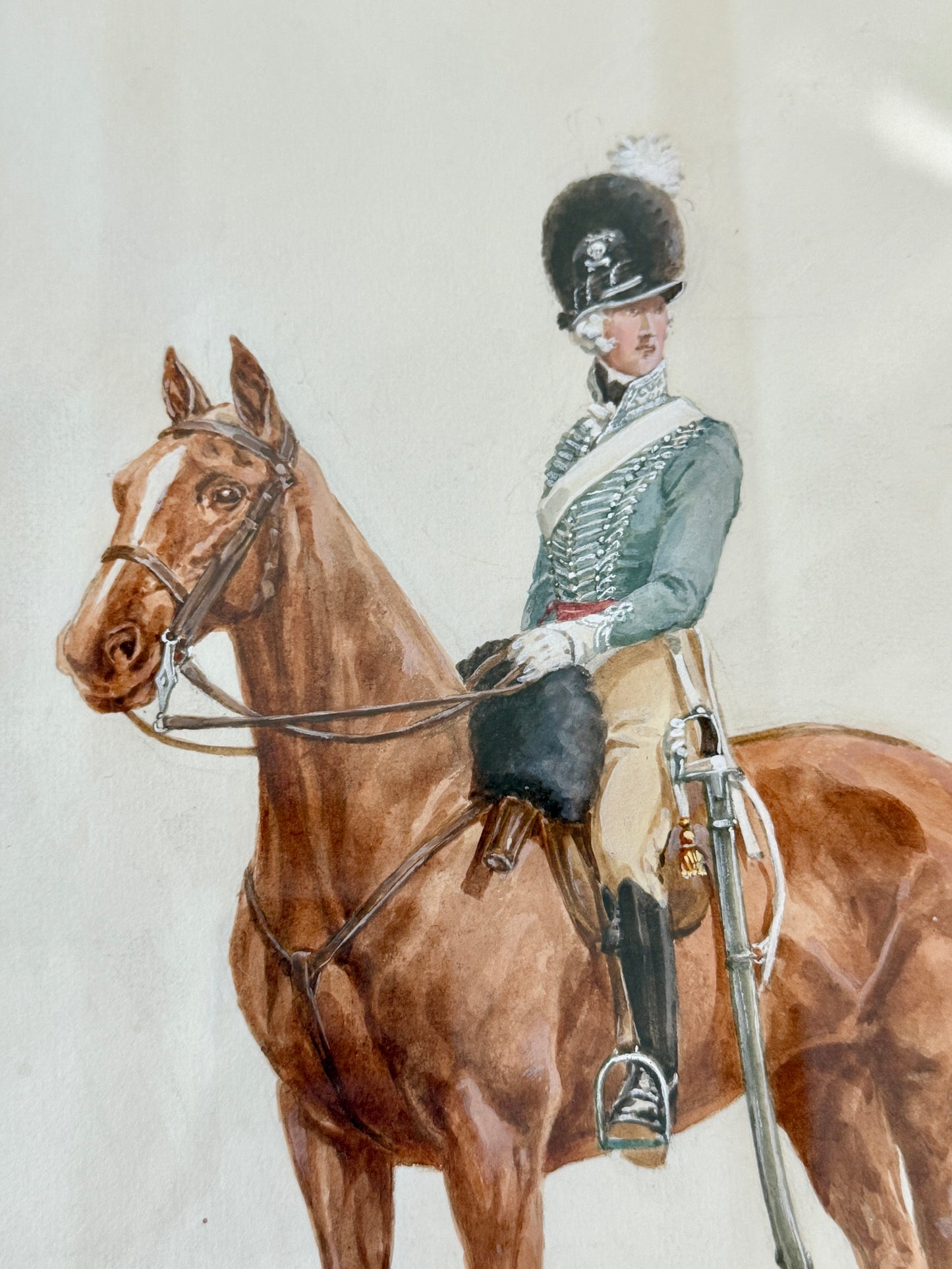 Reginald Augustus Wymer Antique Portrait of a Soldier in Blue on Horseback Watercolor Painting