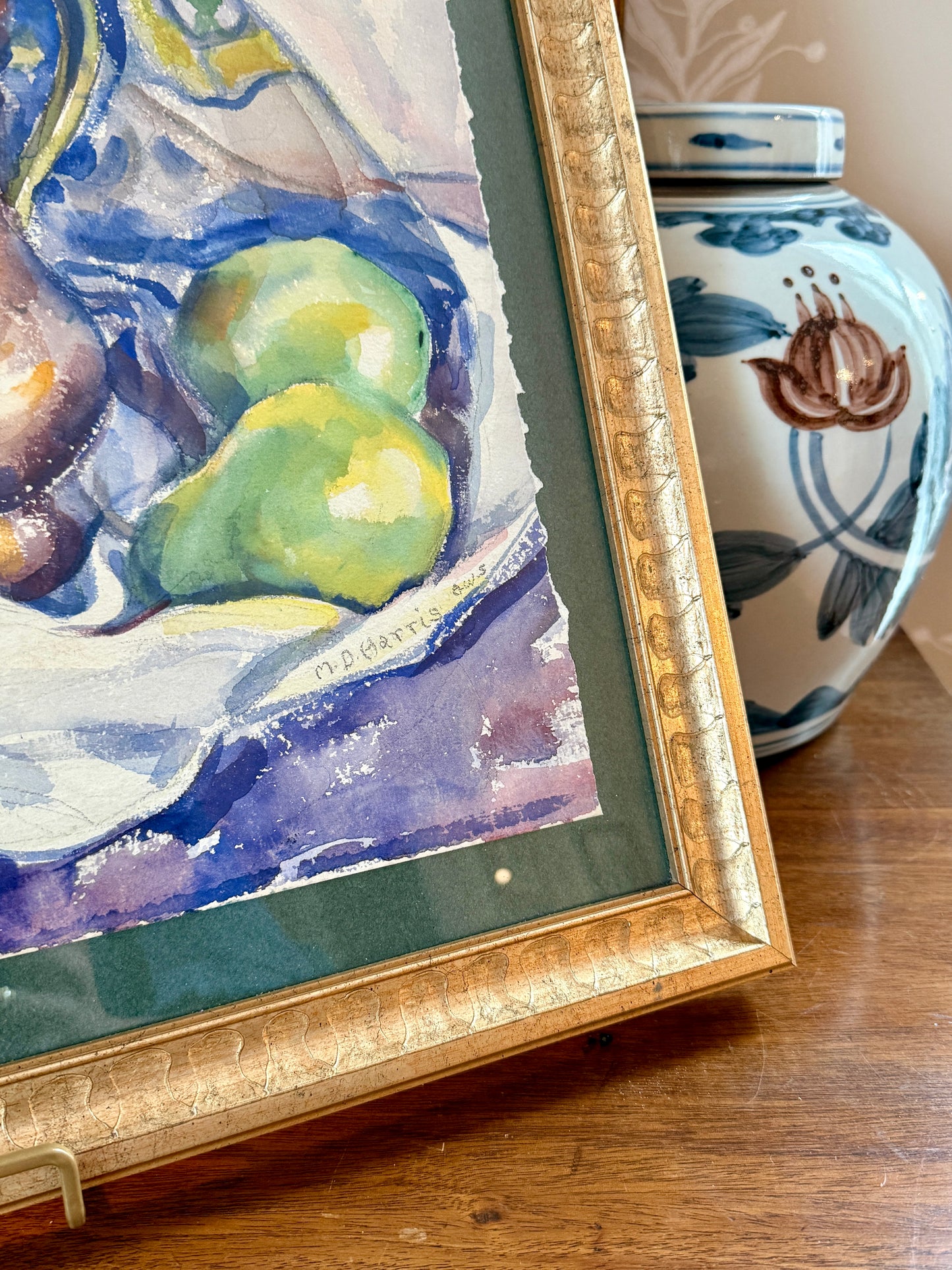 Marian D. Harris 1951 Watercolor Lemons Pears and Grapes Still Life Painting in Gold Frame