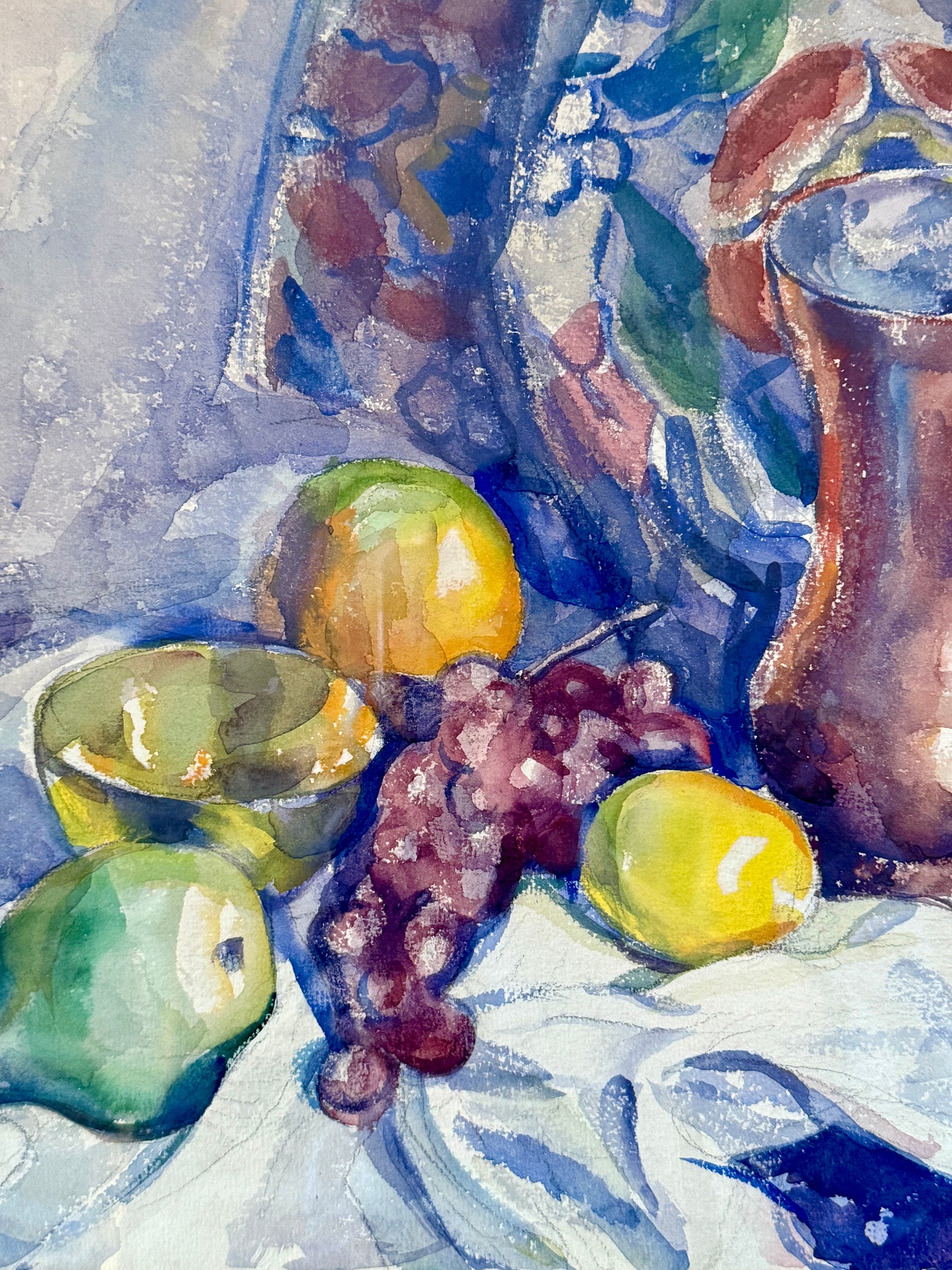 Marian D. Harris 1951 Watercolor Lemons Pears and Grapes Still Life Painting in Gold Frame