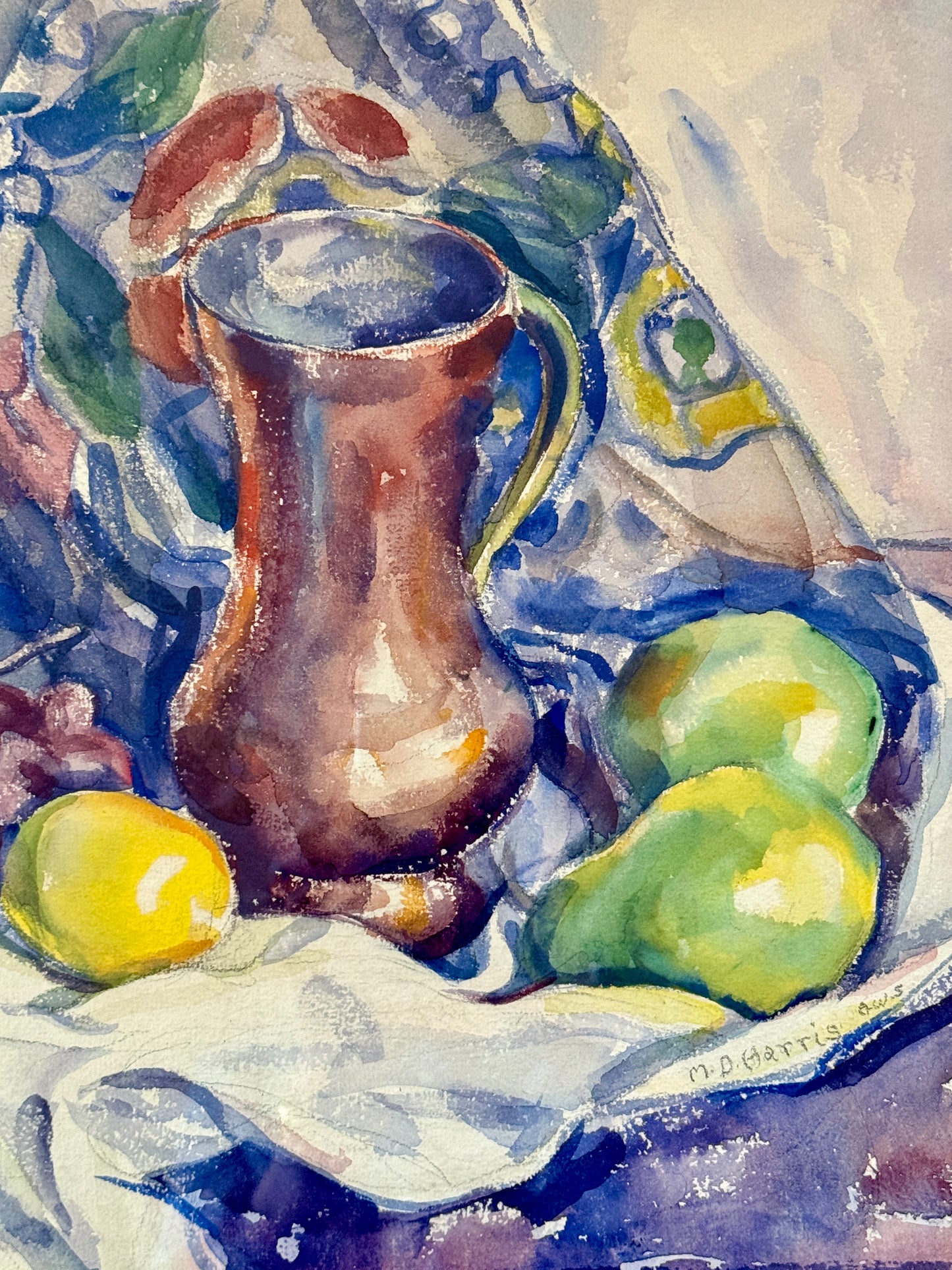Marian D. Harris 1951 Watercolor Lemons Pears and Grapes Still Life Painting in Gold Frame