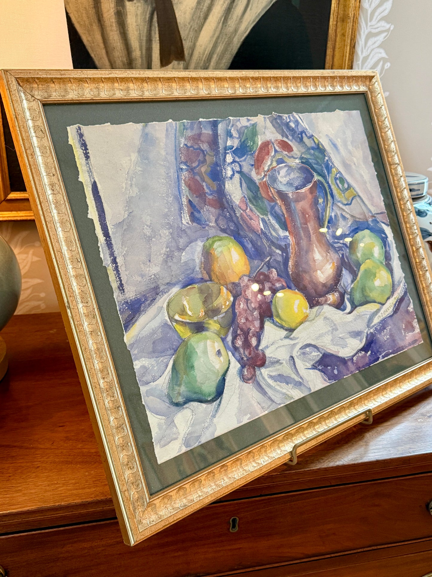 Marian D. Harris 1951 Watercolor Lemons Pears and Grapes Still Life Painting in Gold Frame