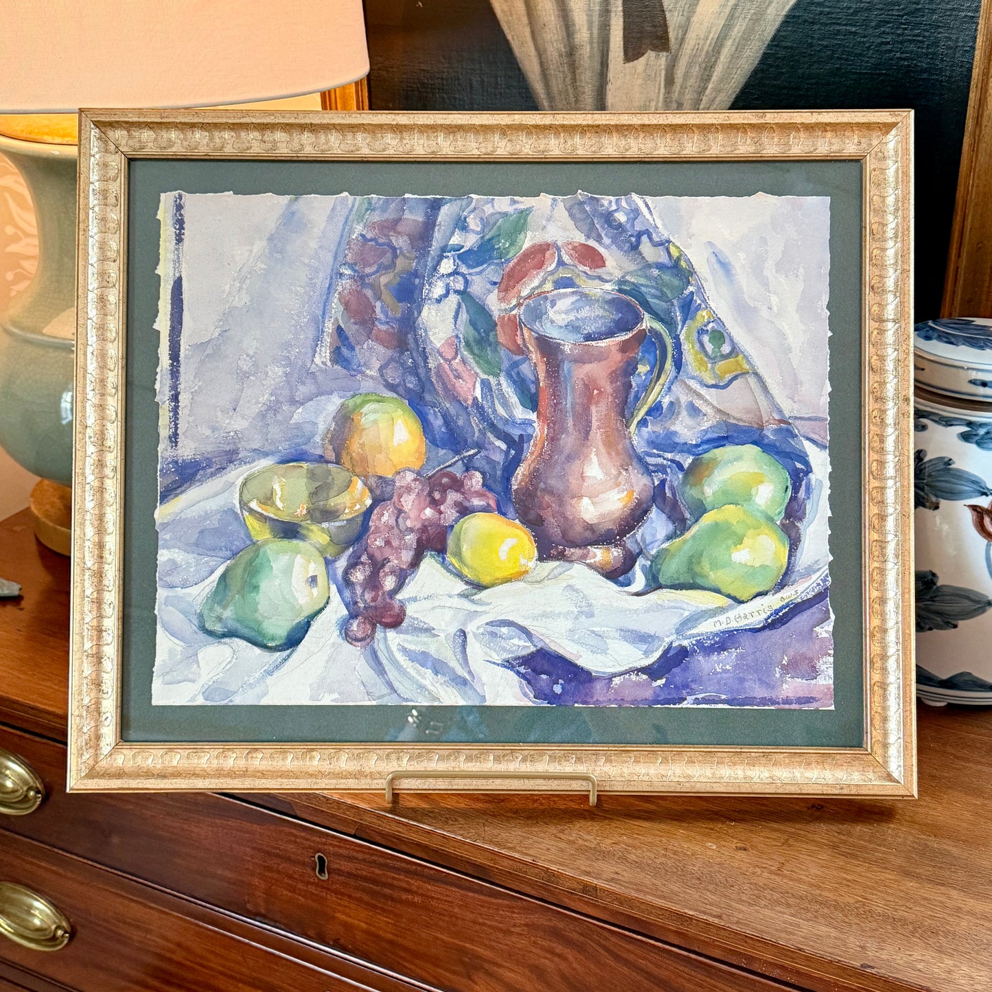 Marian D. Harris 1951 Watercolor Lemons Pears and Grapes Still Life Painting in Gold Frame