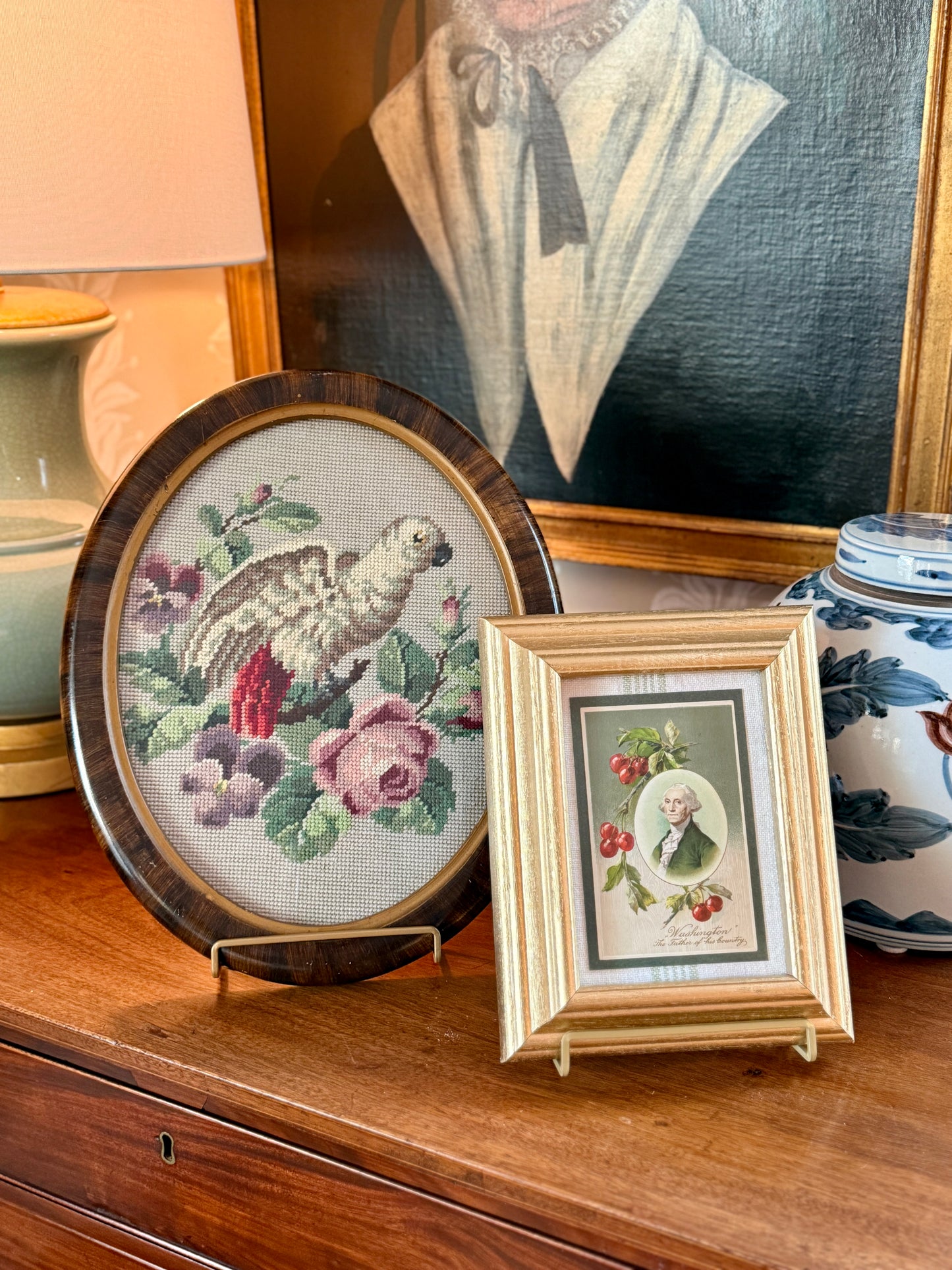 Antique Gray Parrot Floral Needlepoint in 19th Century Oval Frame