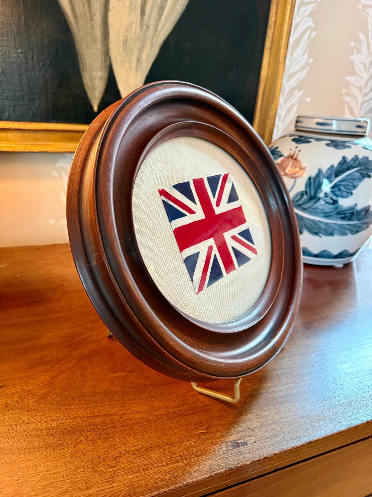 Union Jack Parade Flag on Ivory Twill in Antique Oval Wood Frame