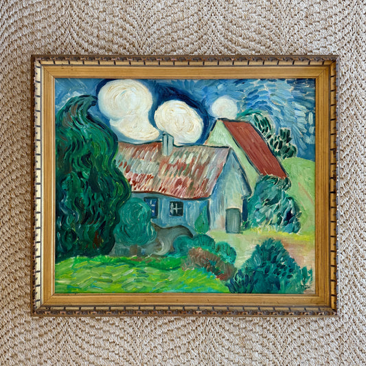 Vintage Colorful Cottage Landscape in the Manner of Vincent van Gogh Oil Painting in Scalloped Gold Frame