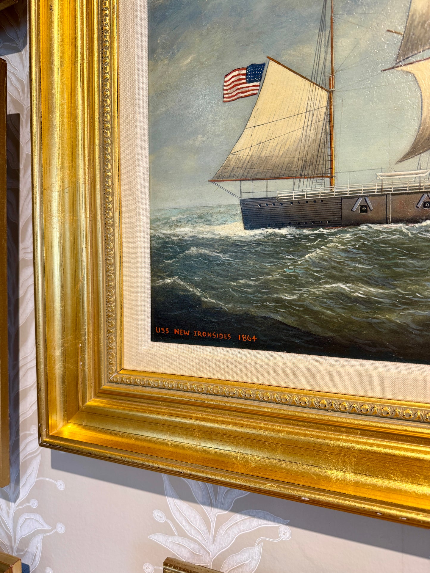 Blaikie Hines American Ship Portrait USS New Ironsides 1864 Oil Painting in Gold Frame