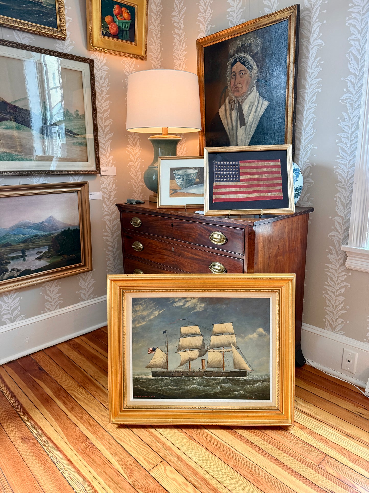 Blaikie Hines American Ship Portrait USS New Ironsides 1864 Oil Painting in Gold Frame