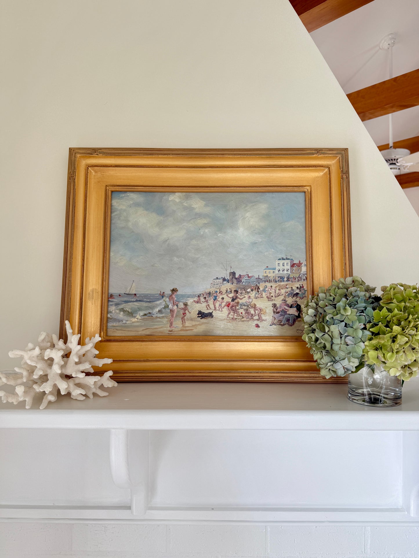 Will Nickless August Saturday Crowded Beach Scene Oil Painting in Gold Frame