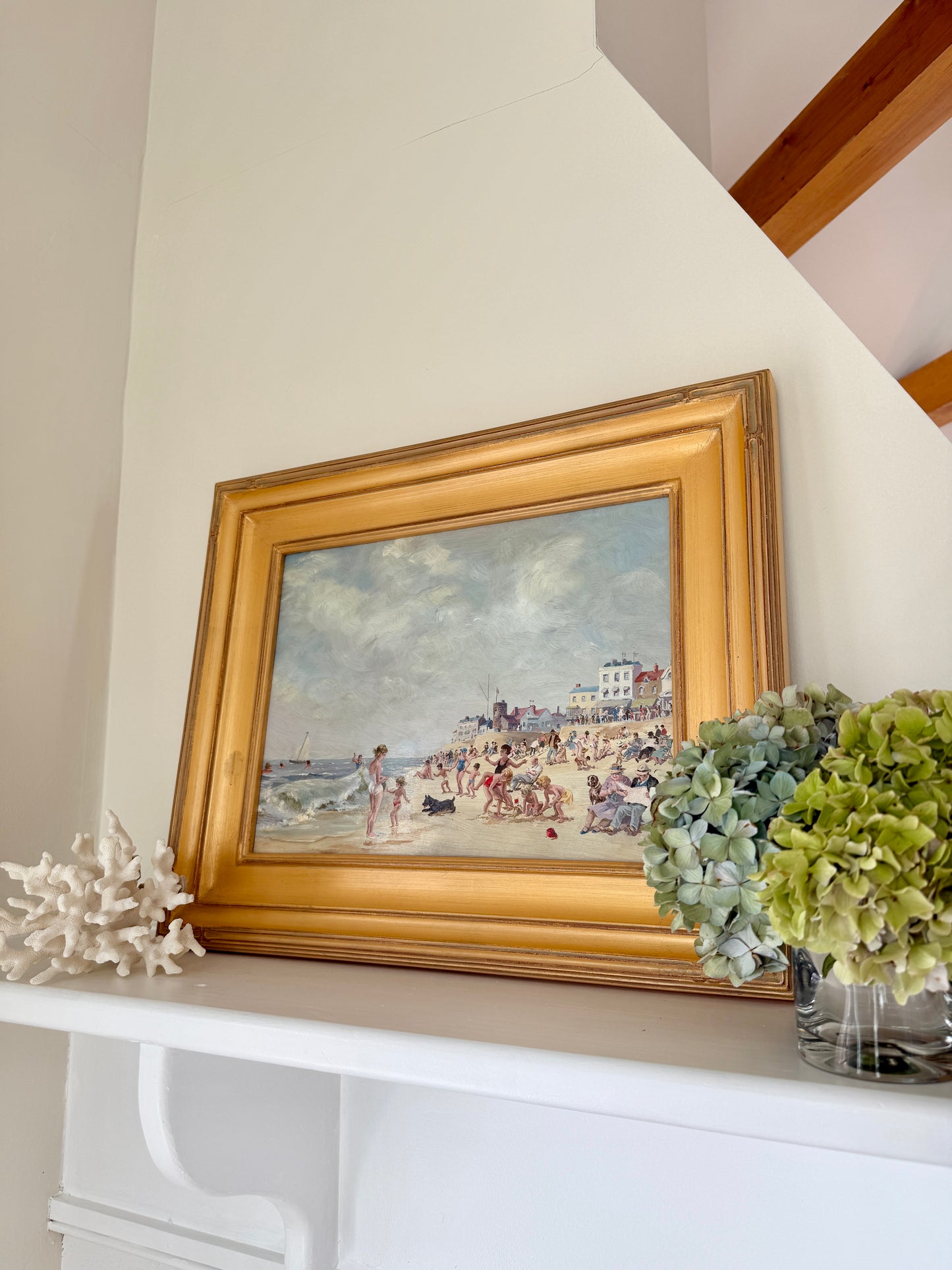 Will Nickless August Saturday Crowded Beach Scene Oil Painting in Gold Frame