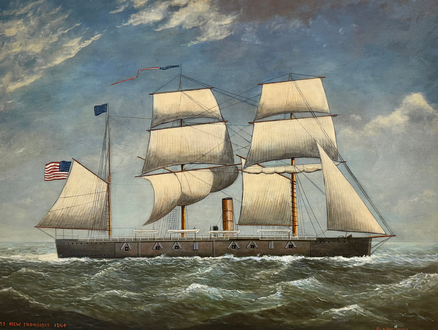 Blaikie Hines American Ship Portrait USS New Ironsides 1864 Oil Painting in Gold Frame
