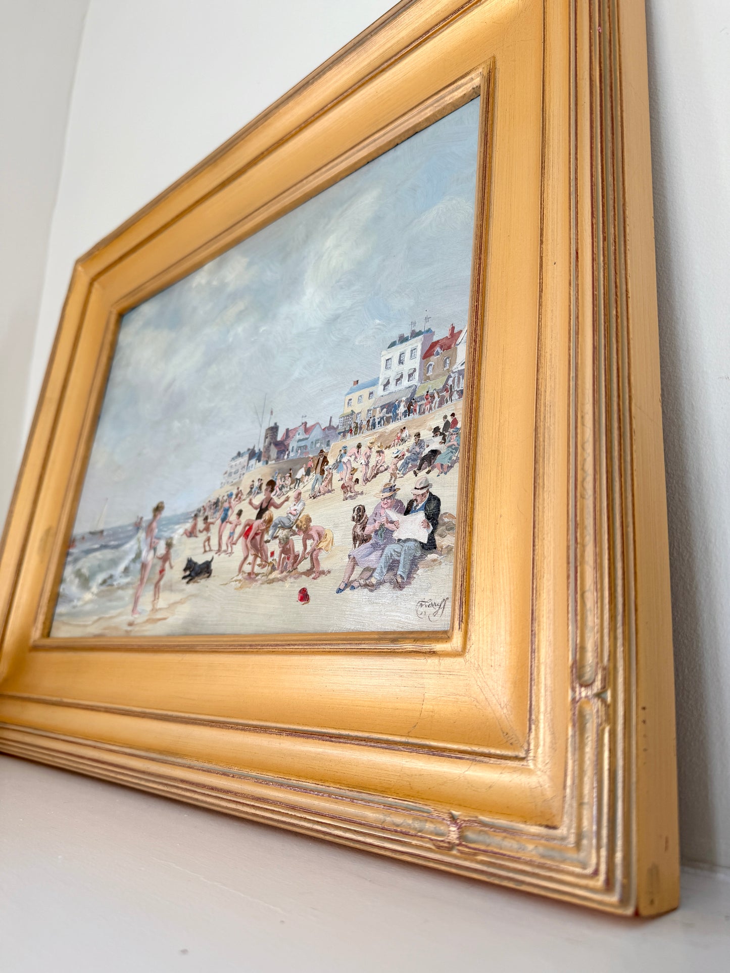 Will Nickless August Saturday Crowded Beach Scene Oil Painting in Gold Frame
