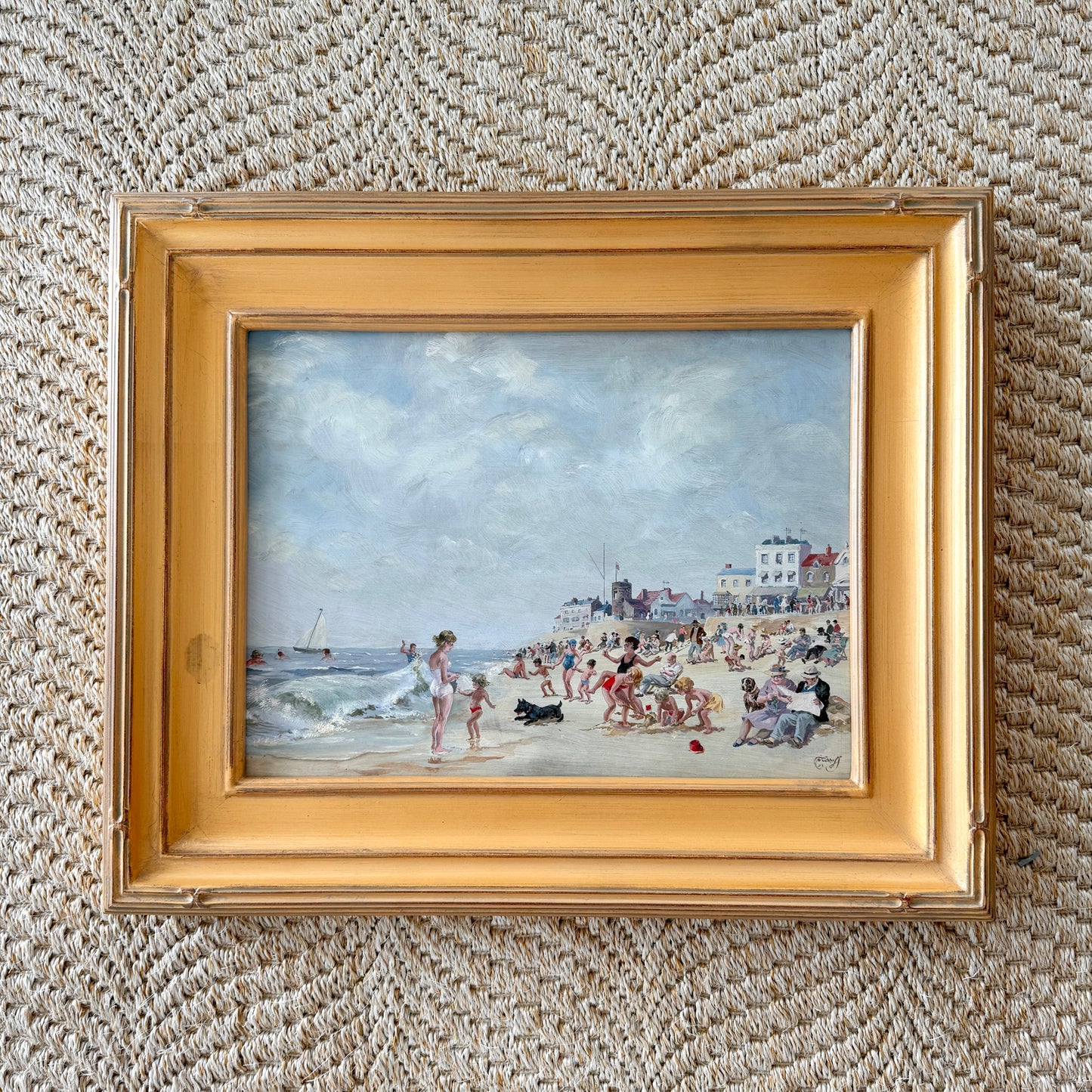Will Nickless August Saturday Crowded Beach Scene Oil Painting in Gold Frame