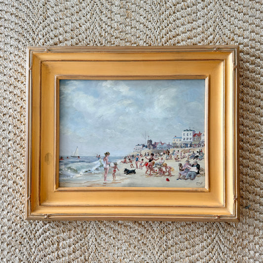 Will Nickless August Saturday Crowded Beach Scene Oil Painting in Gold Frame