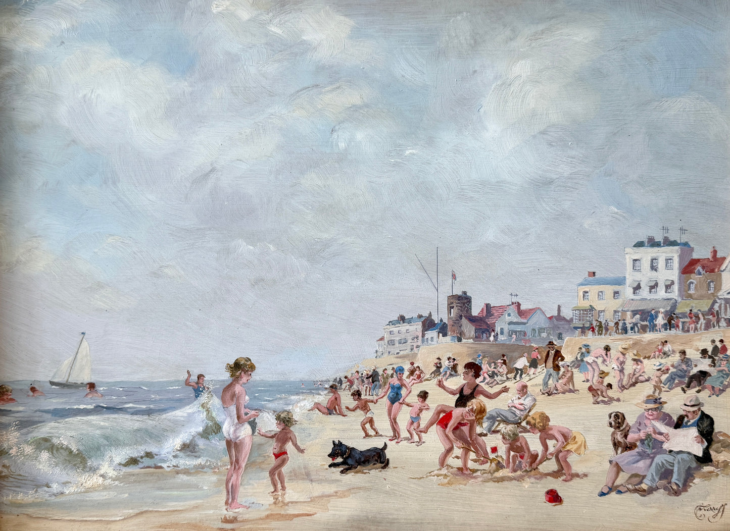 Will Nickless August Saturday Crowded Beach Scene Oil Painting in Gold Frame