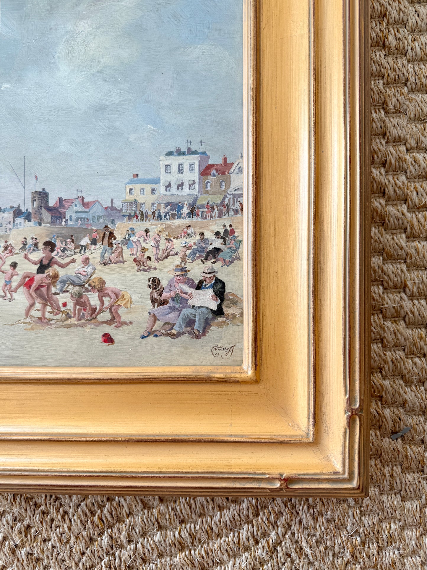 Will Nickless August Saturday Crowded Beach Scene Oil Painting in Gold Frame