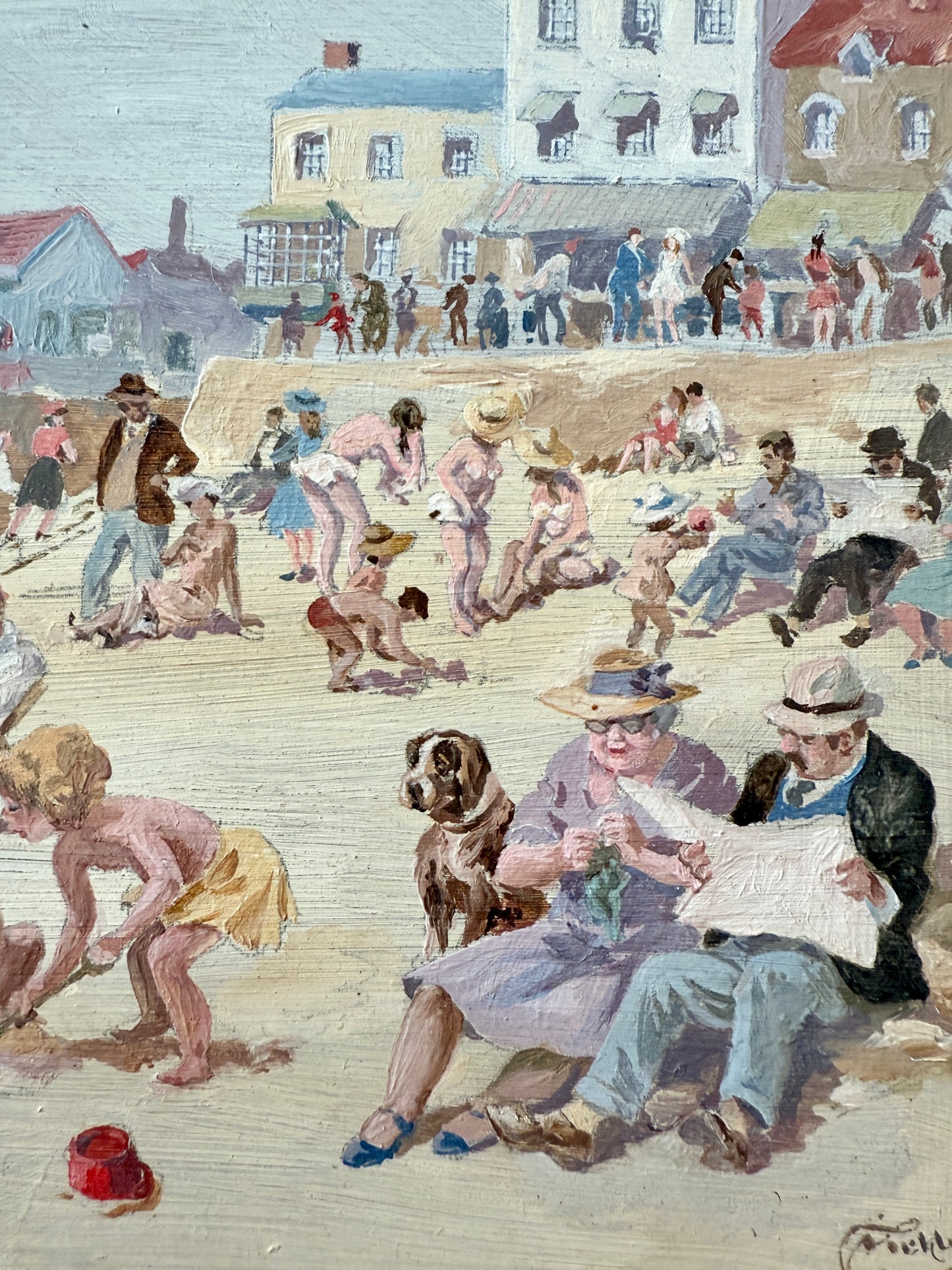 Will Nickless August Saturday Crowded Beach Scene Oil Painting in Gold Frame