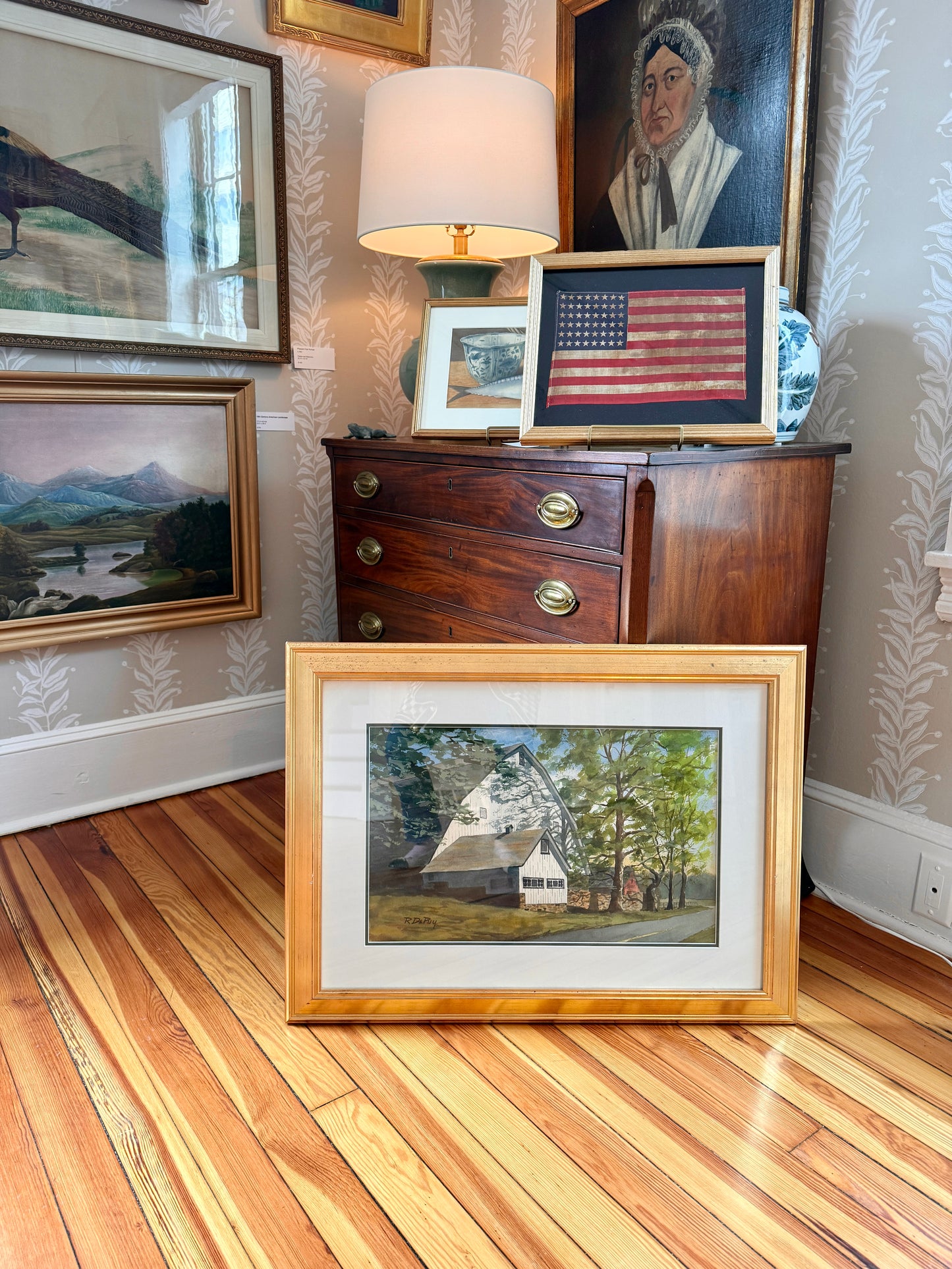 Robert DePuy Brandywine Sentinel Chester County PA White Barn Landscape Watercolor Painting in Gold Frame