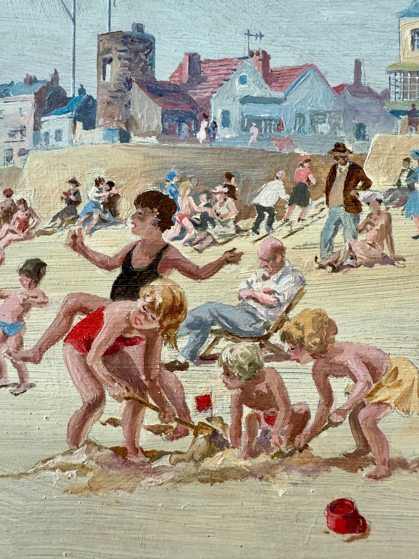 Will Nickless August Saturday Crowded Beach Scene Oil Painting in Gold Frame