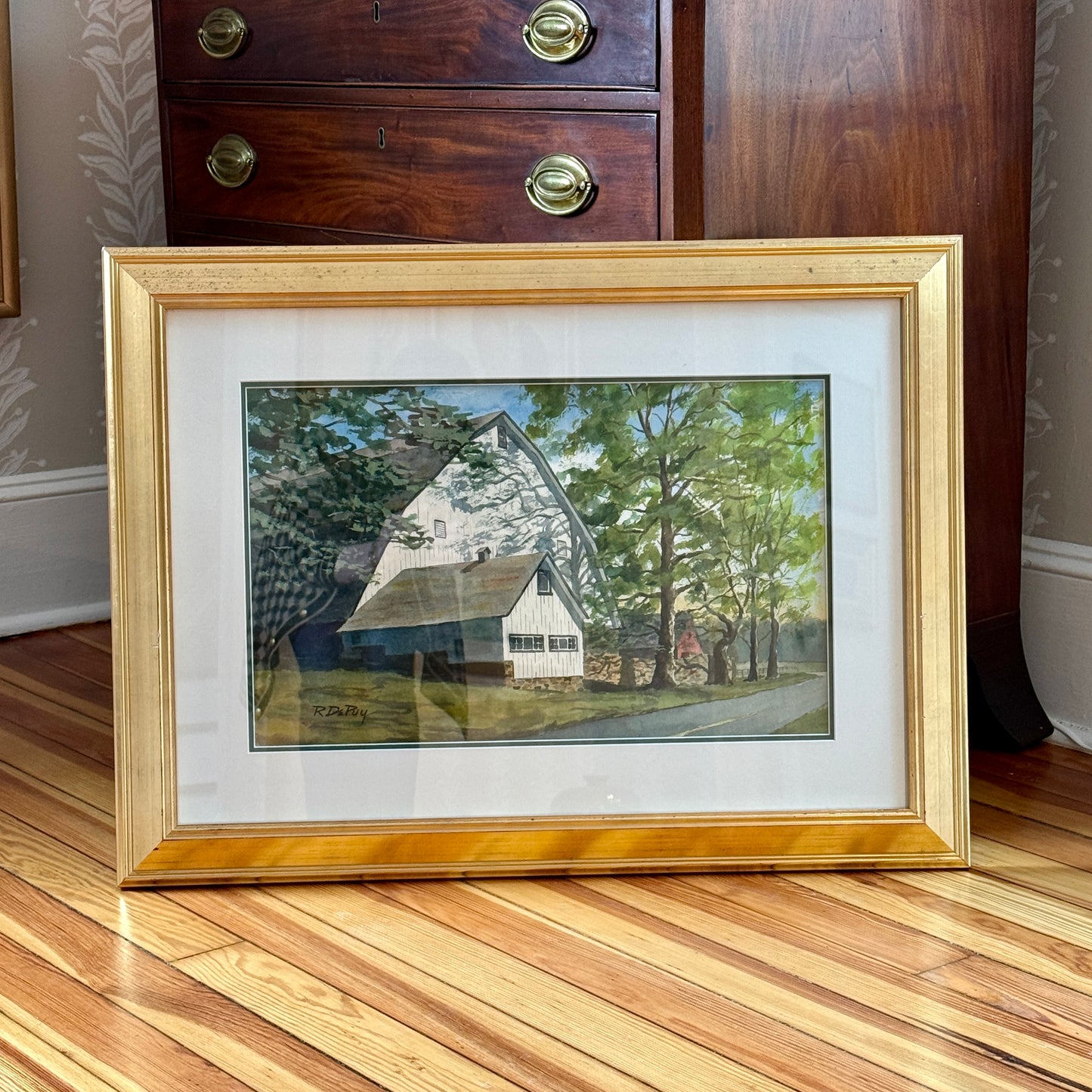 Robert DePuy Brandywine Sentinel Chester County PA White Barn Landscape Watercolor Painting in Gold Frame